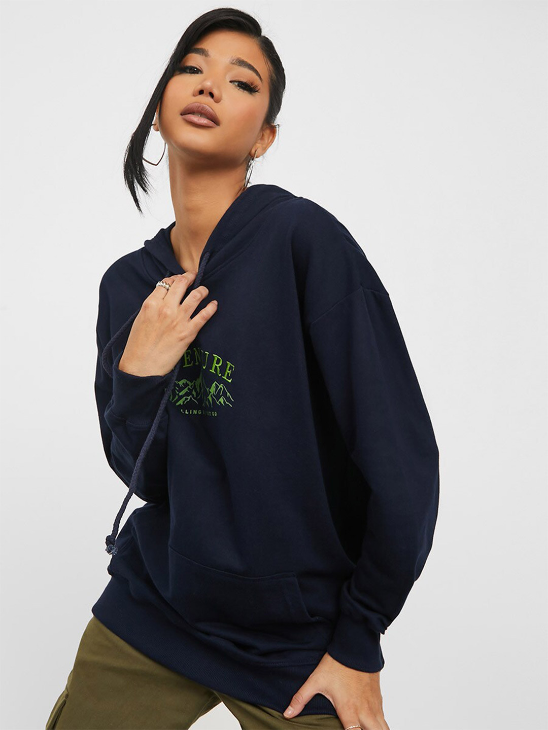 

Styli Women Navy Blue Longline Embroidered Adventure Graphic Print Regular Fit Hoodie