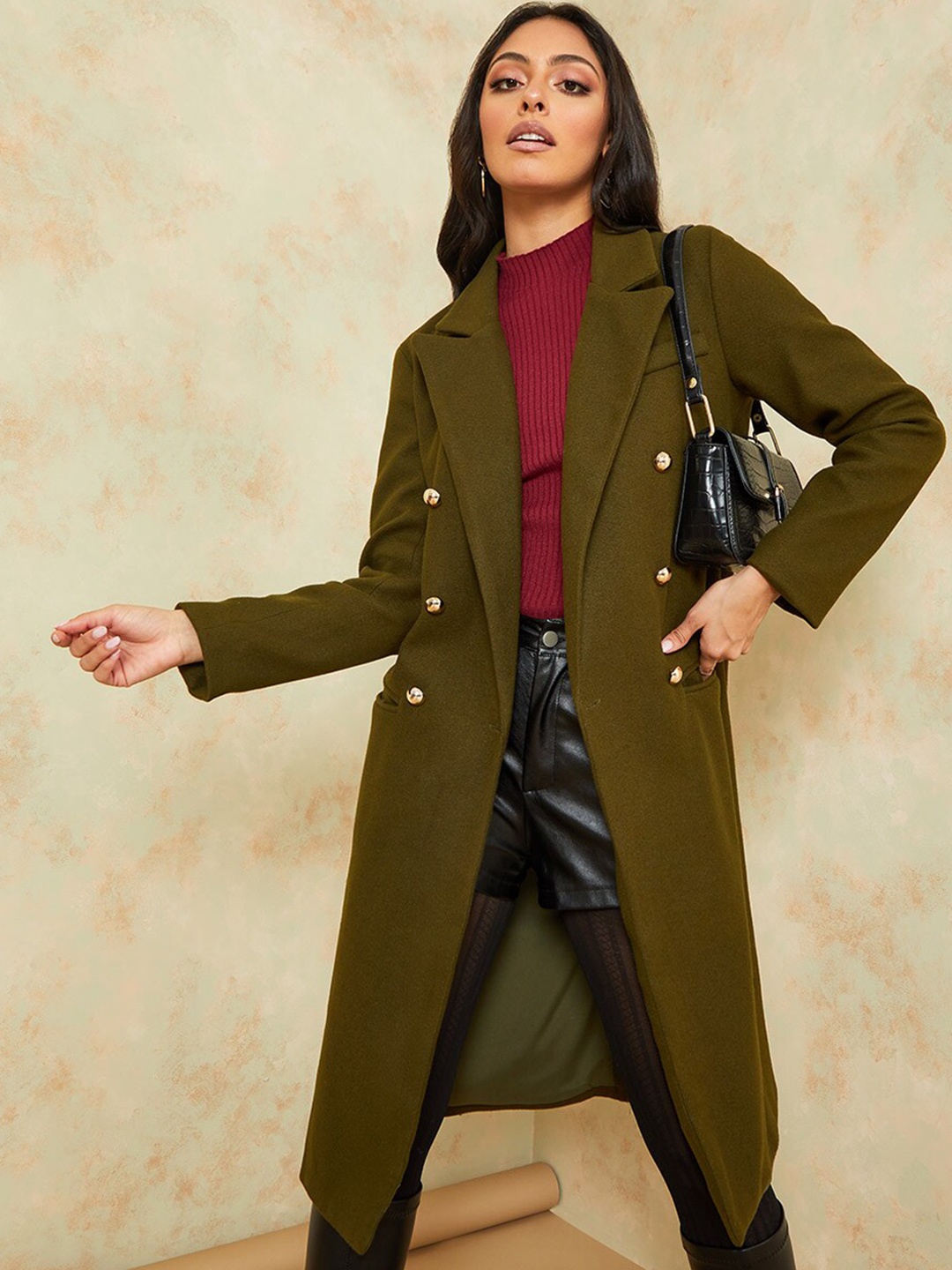 

Styli Women Olive Green Double Breasted Regular Fit Wool Like Midi Coat