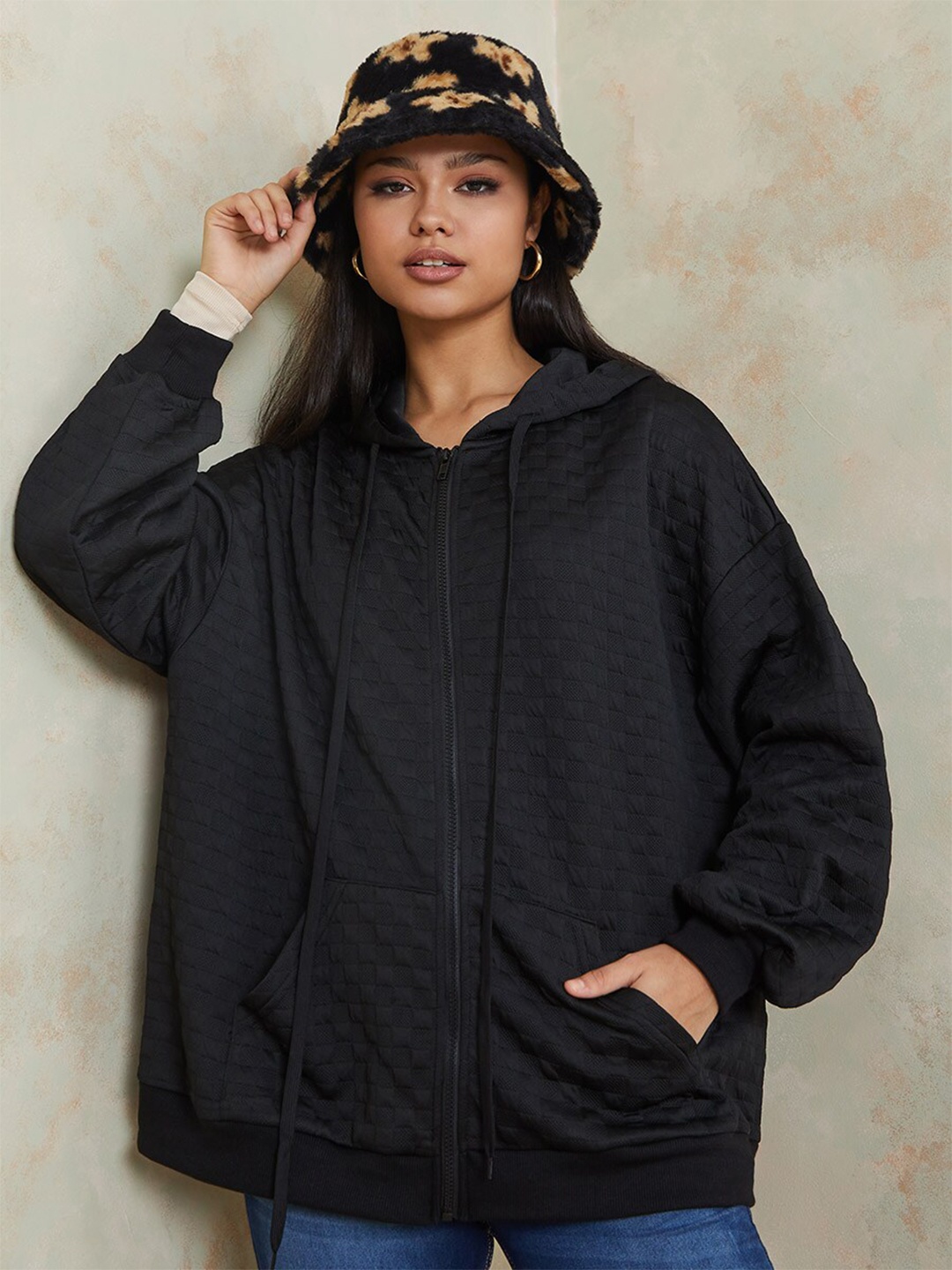 

Styli Women Black Longline Oversized Textured Zip Through Hoodie Sweatshirt