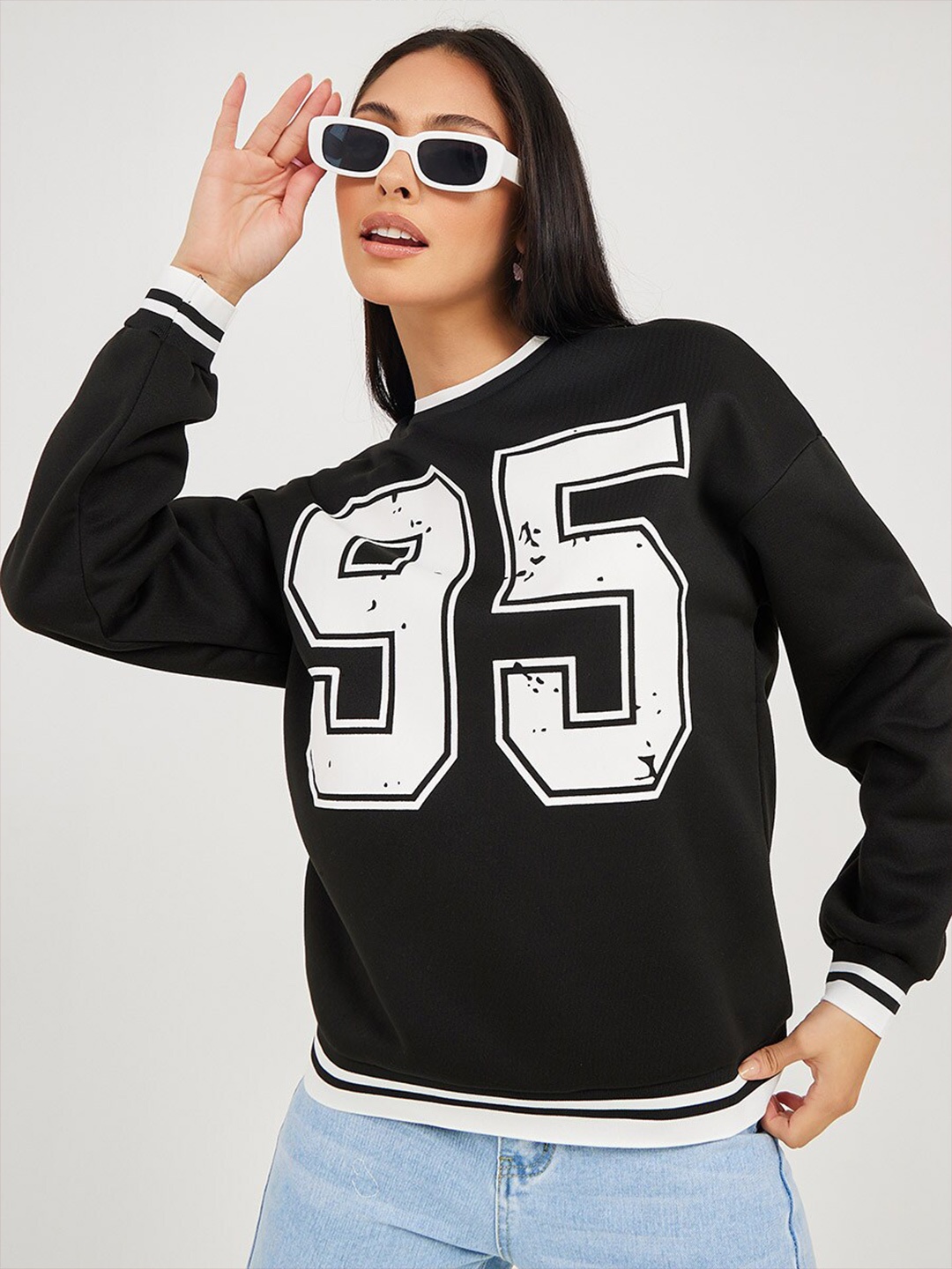 

Styli Women Black Printed Front Graphic Longline Regular Fit Sweatshirt