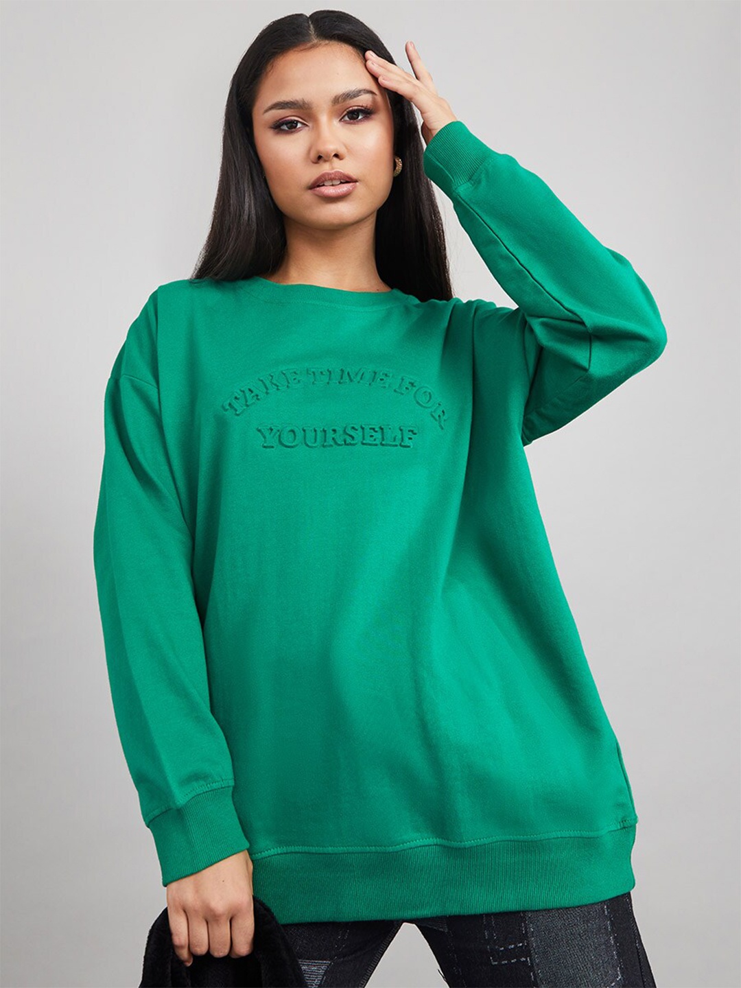 

Styli Women Green Embossed Slogan Oversized Longline Sweatshirt