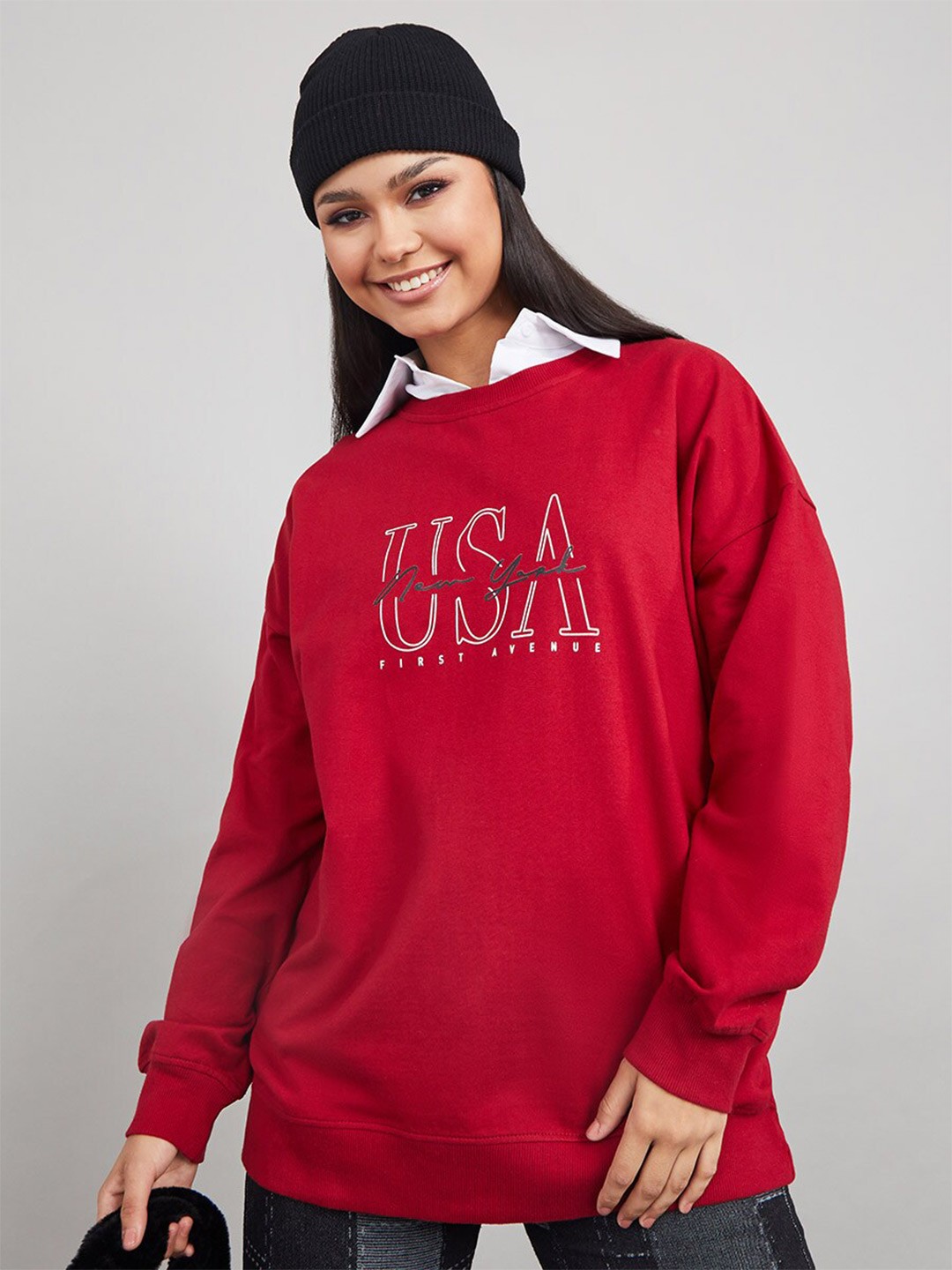 

Styli Women Burgundy Slogan Print Oversized Longline Sweatshirt