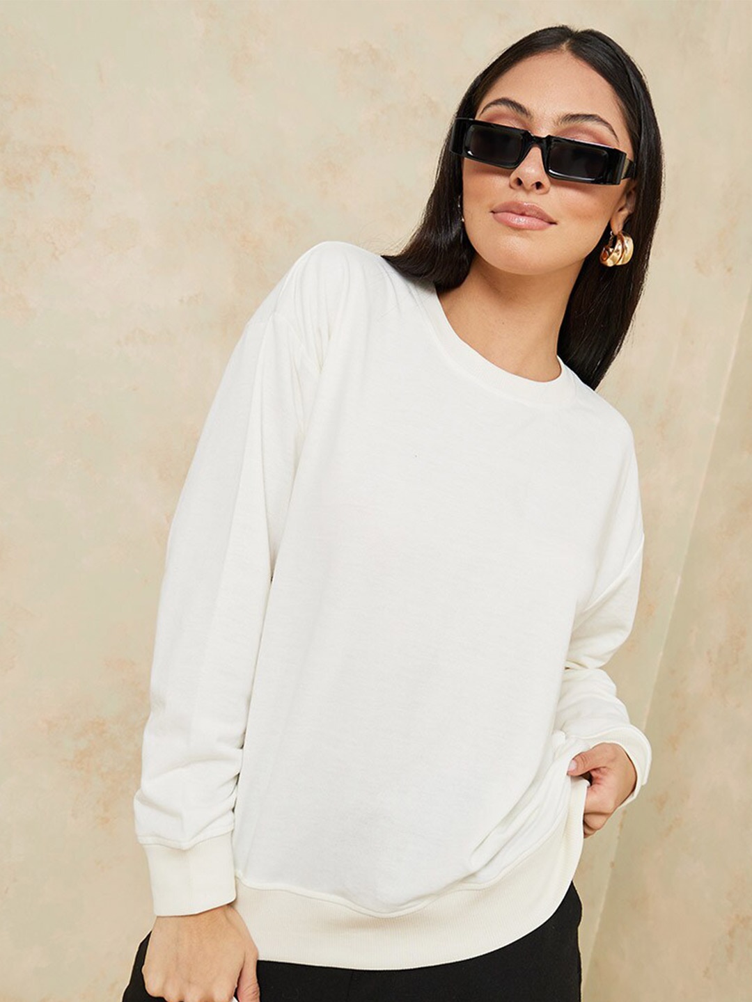 

Styli Women Cream-Coloured Regular Length Ribbed Cuff Regular Fit Sweatshirt