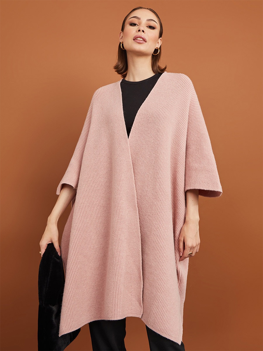

Styli Women Pink Knitted Open Front Oversized Longline Cardigan