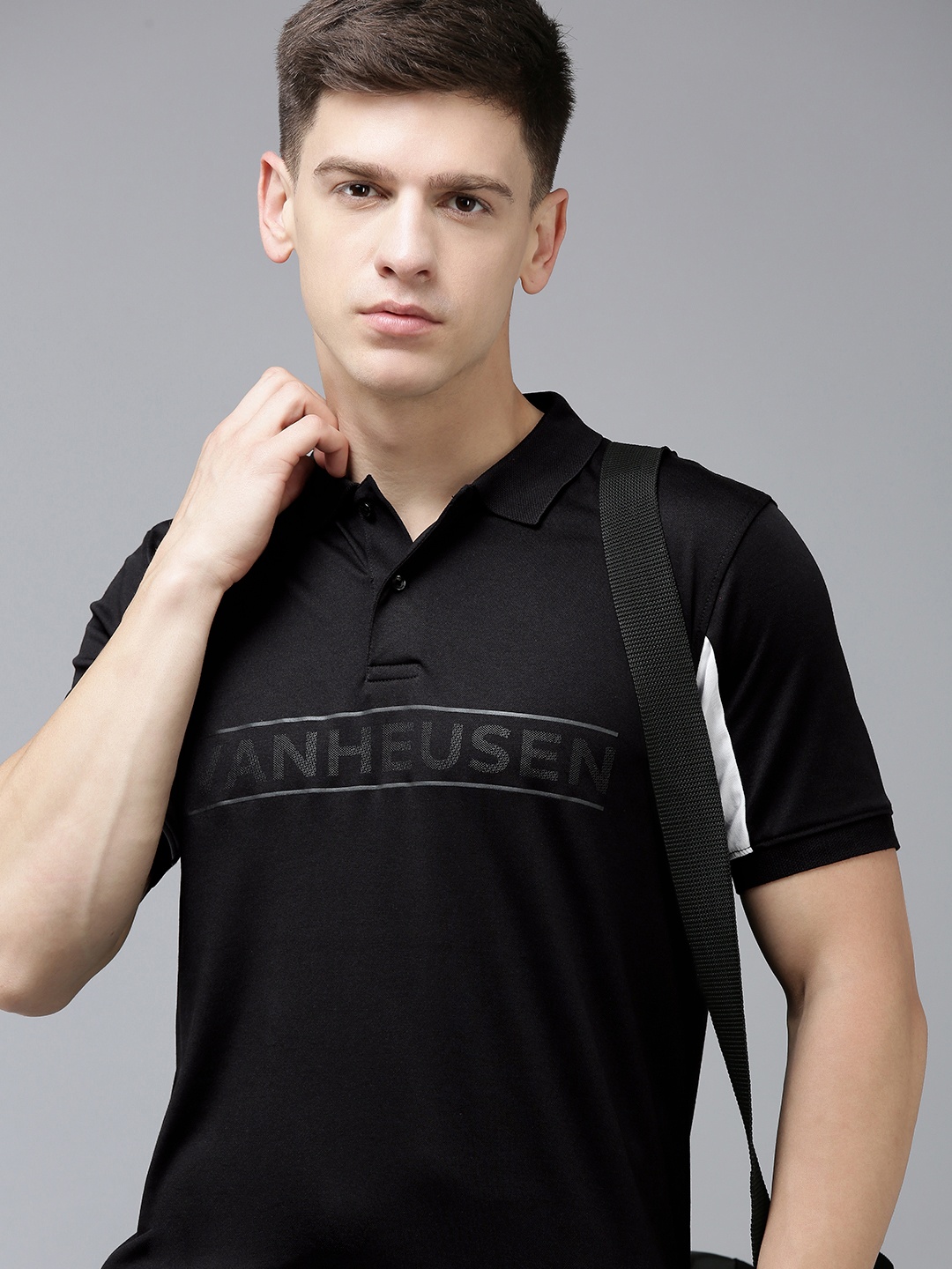 Van Heusen Flex Men Brand Logo Printed Polo Collar Training T-shirt, Black