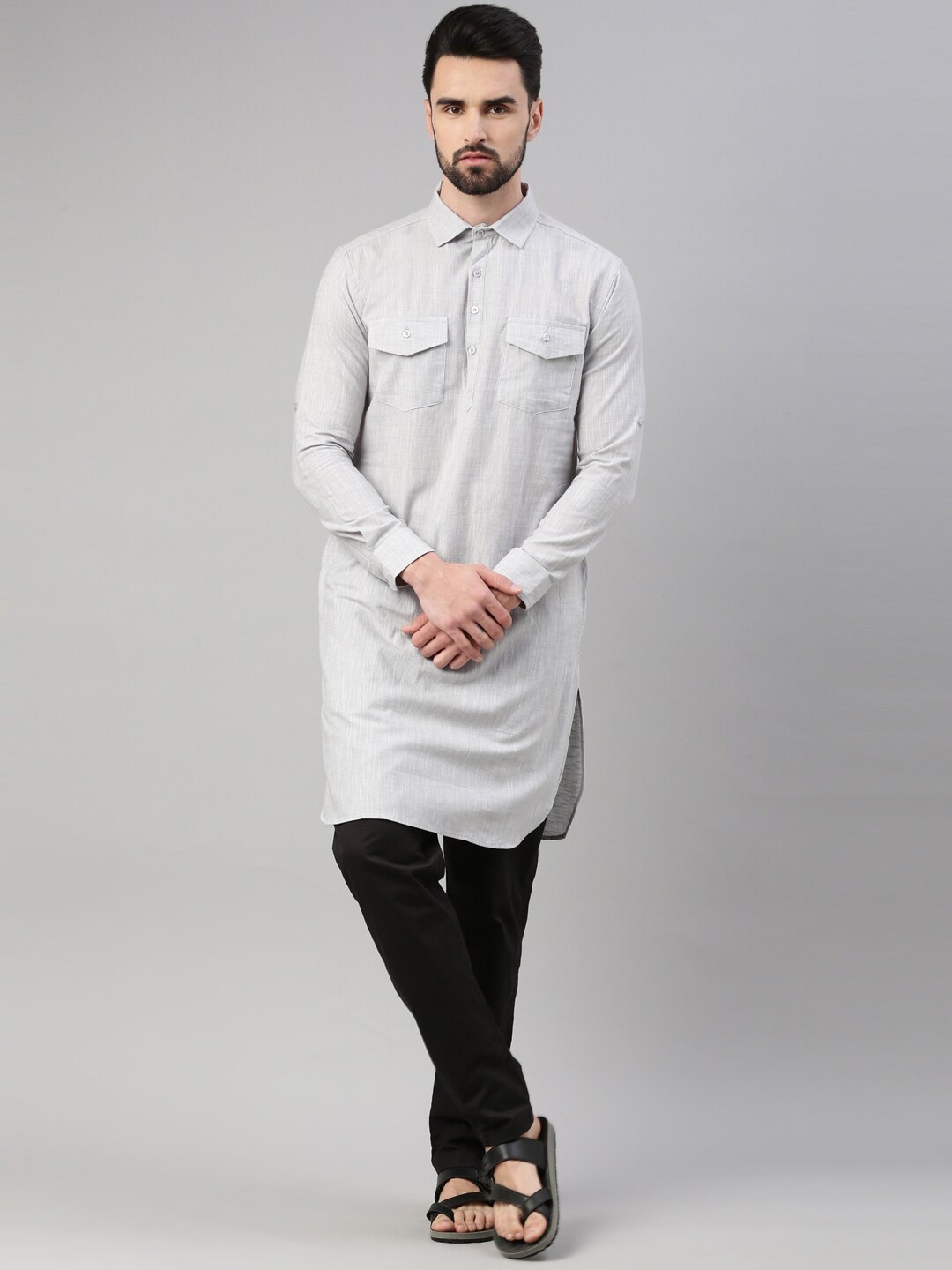 

WHITE HEART Men Grey Shirt Collar Kurta