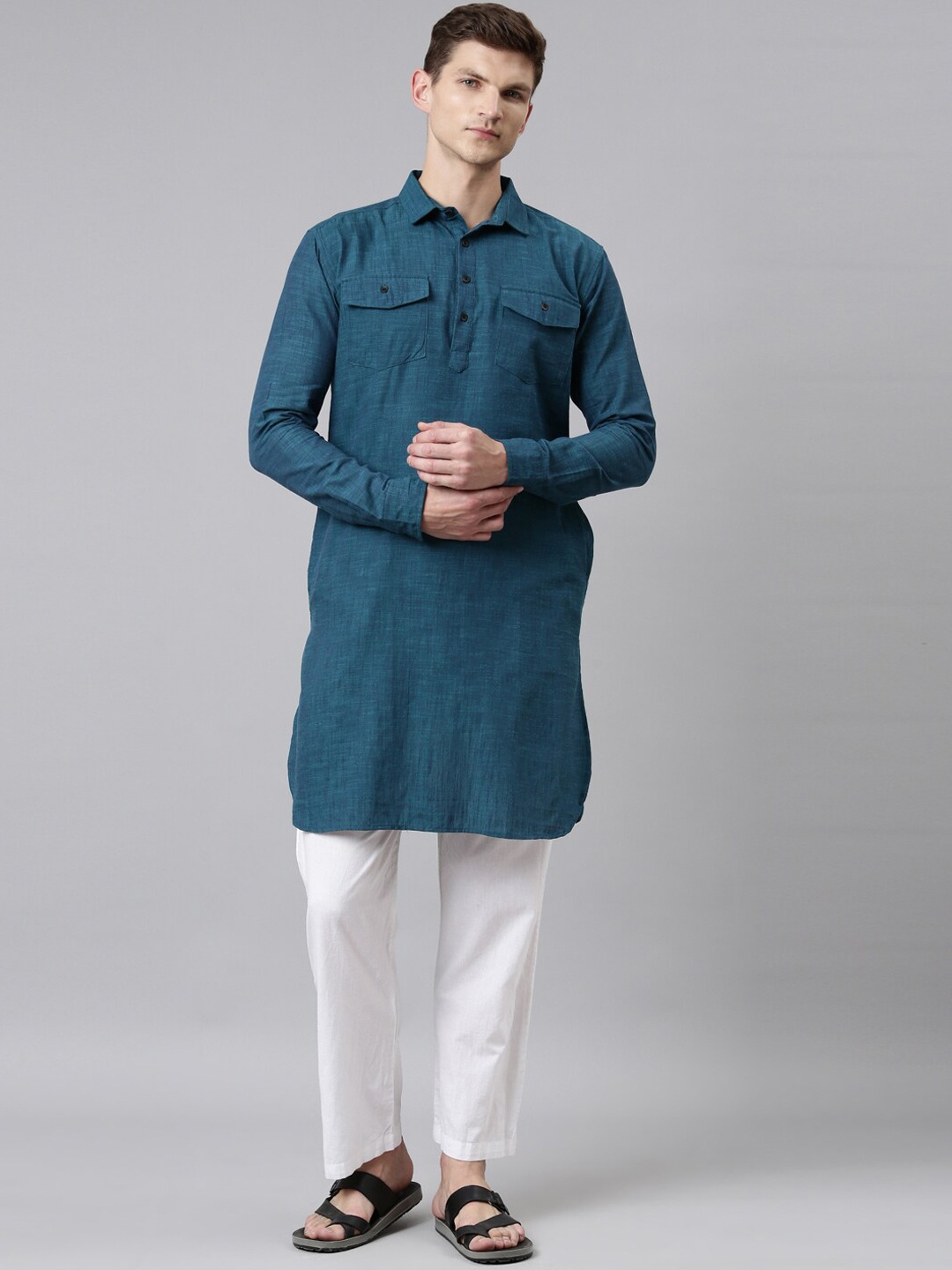 

WHITE HEART Men Blue Solid Pathani Cotton Kurta