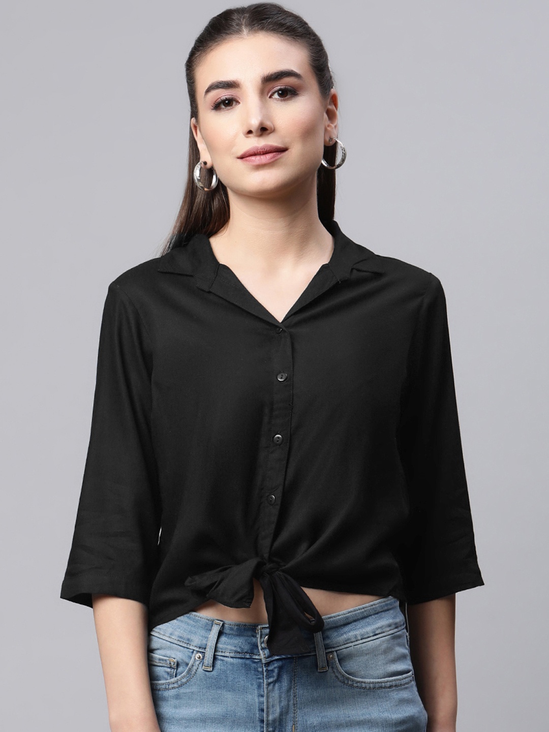 

Ayaany Women Black Casual Solid Waist Tie-Up Shirt
