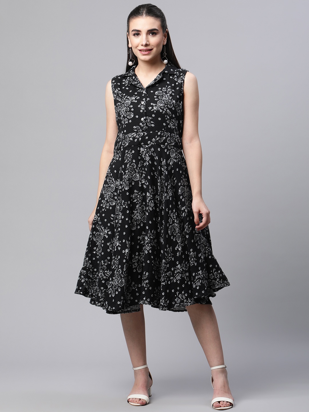 

Ayaany Black & White Floral A-Line Midi Dress