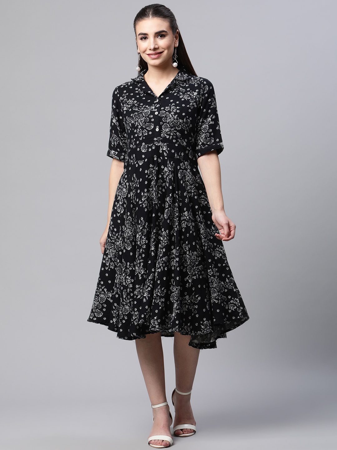 

Ayaany Black & White Floral Flared Hem A-Line Dress