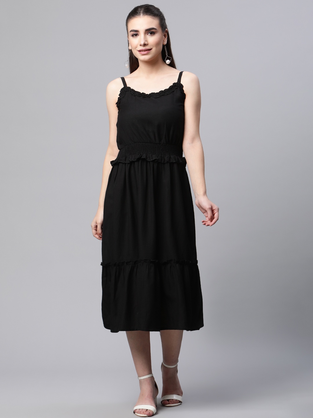 

Ayaany Women Black Tiered A-Line Midi Dress