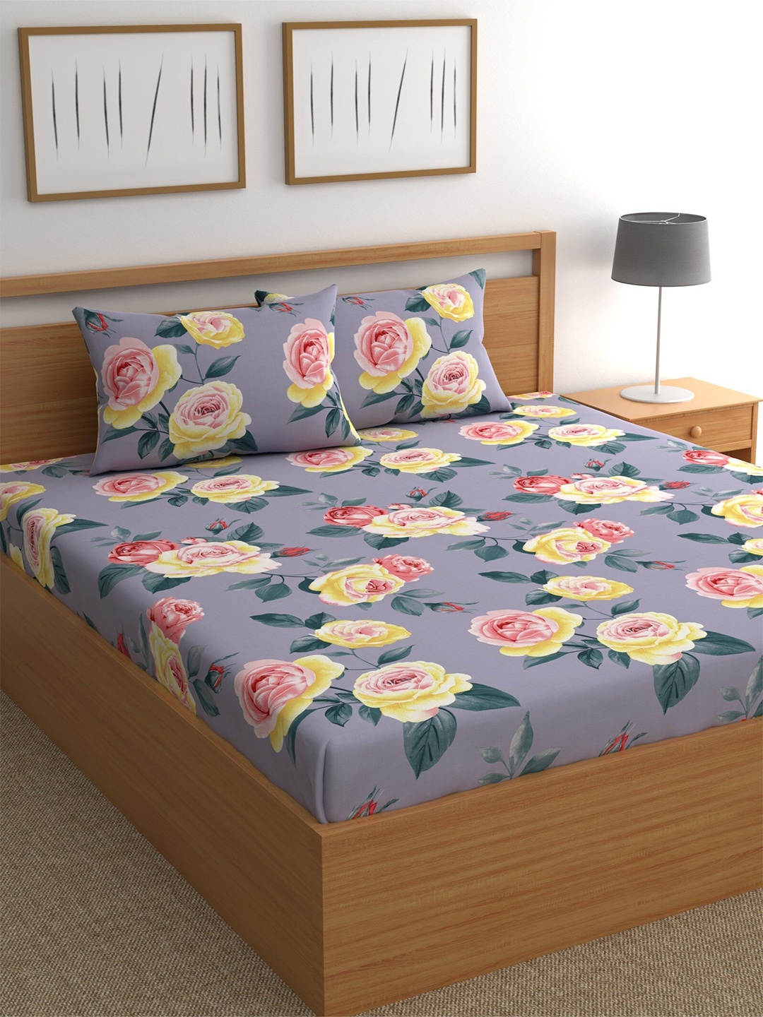 

CHHAVI INDIA Grey & Yellow Floral 210 TC Queen Bedsheet with 2 Pillow Covers