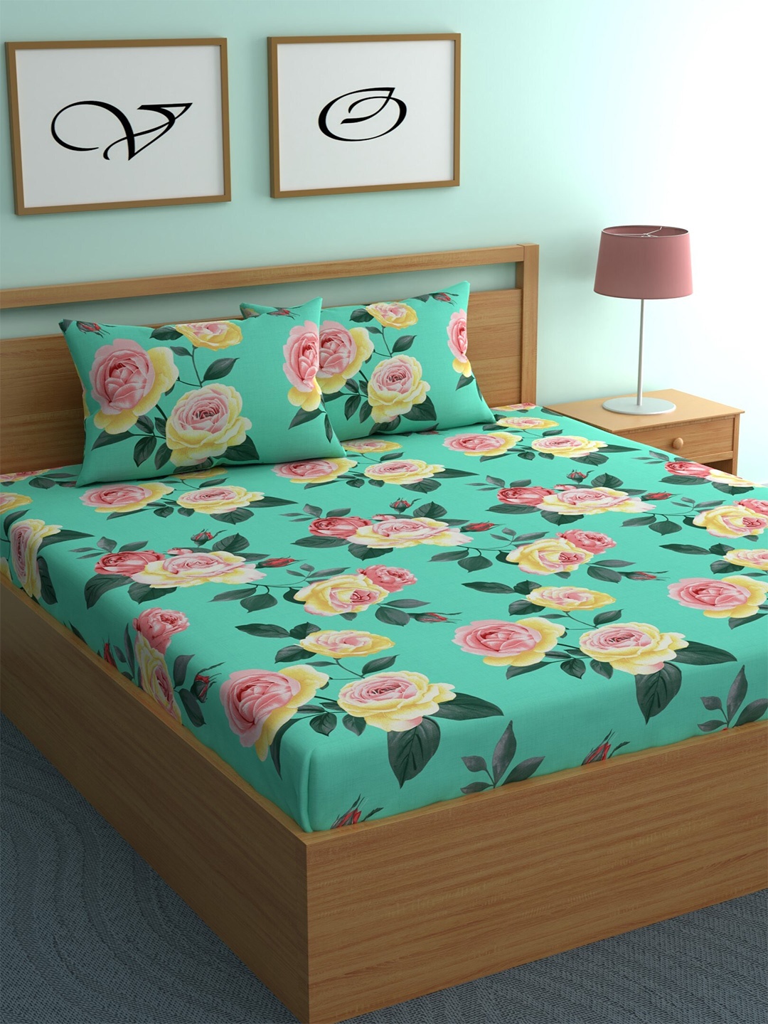 

CHHAVI INDIA Sea Green & Pink Floral 210 TC Queen Bedsheet with 2 Pillow Covers