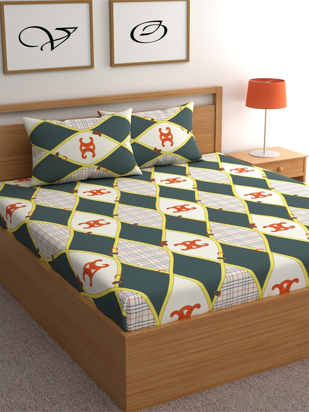 CHHAVI INDIA Grey & Green Geometric 210 TC Queen Bedsheet with 2 Pillow Covers