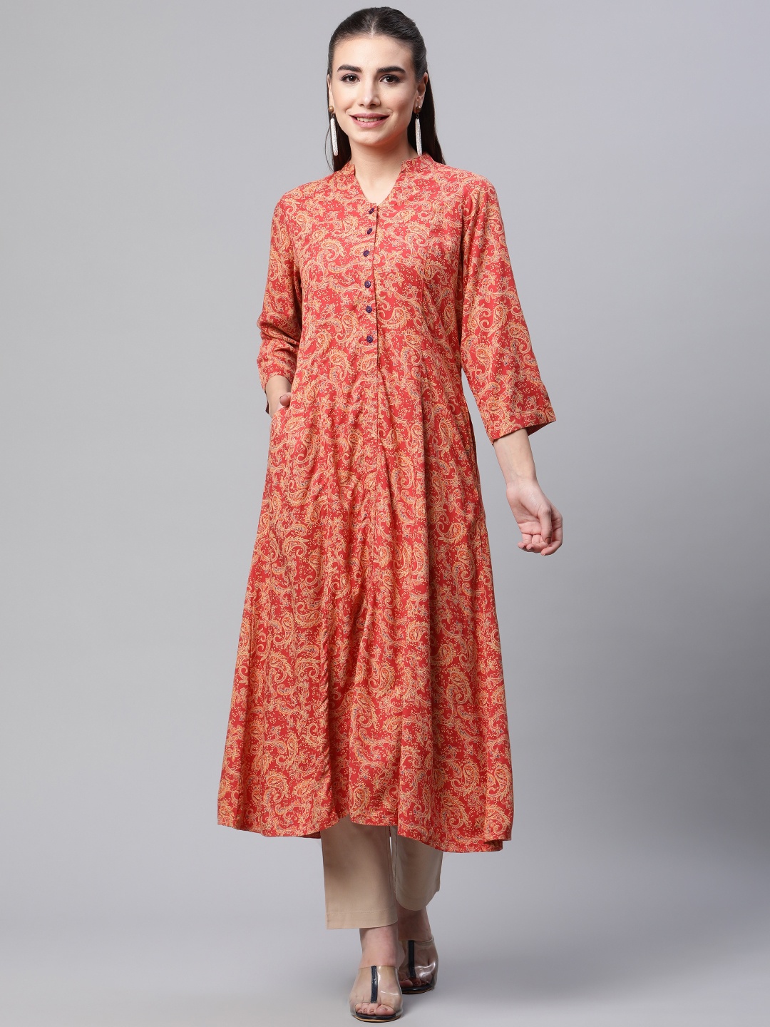 

Ayaany Women Red & Beige Ethnic Motifs Printed Kurta
