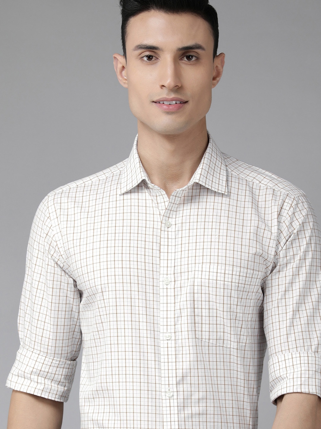 

Park Avenue Men White & Brown Slim Fit Checked Pure Cotton Formal Shirt