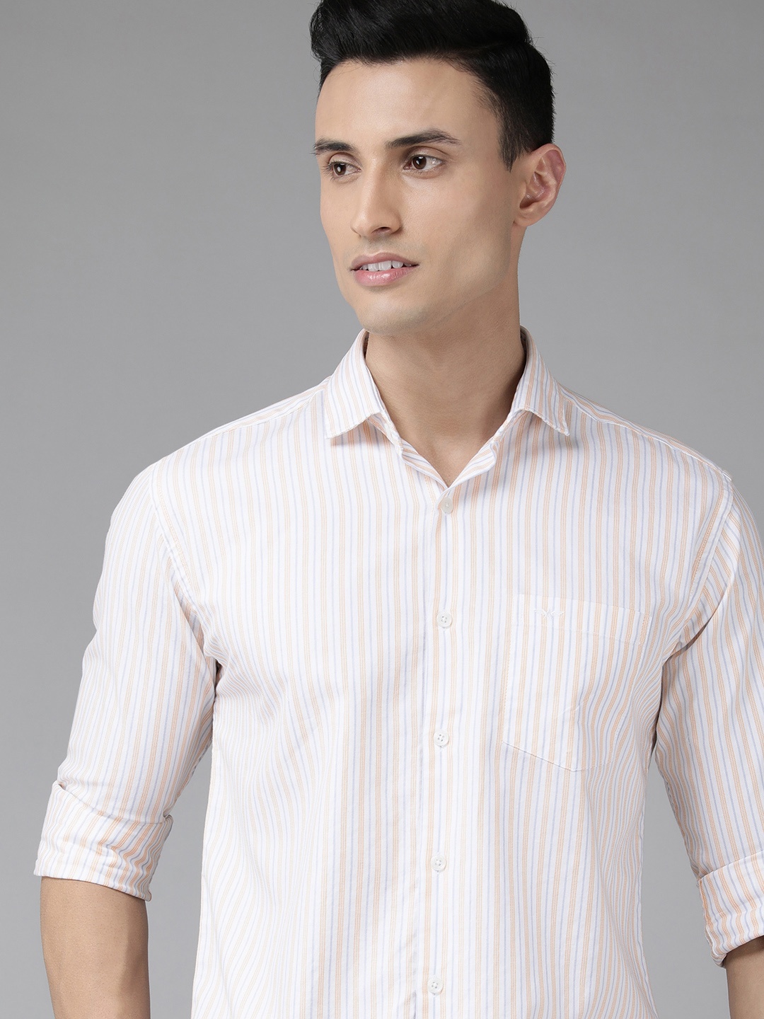 

Park Avenue Men White & Yellow Slim Fit Striped Pure Cotton Casual Shirt