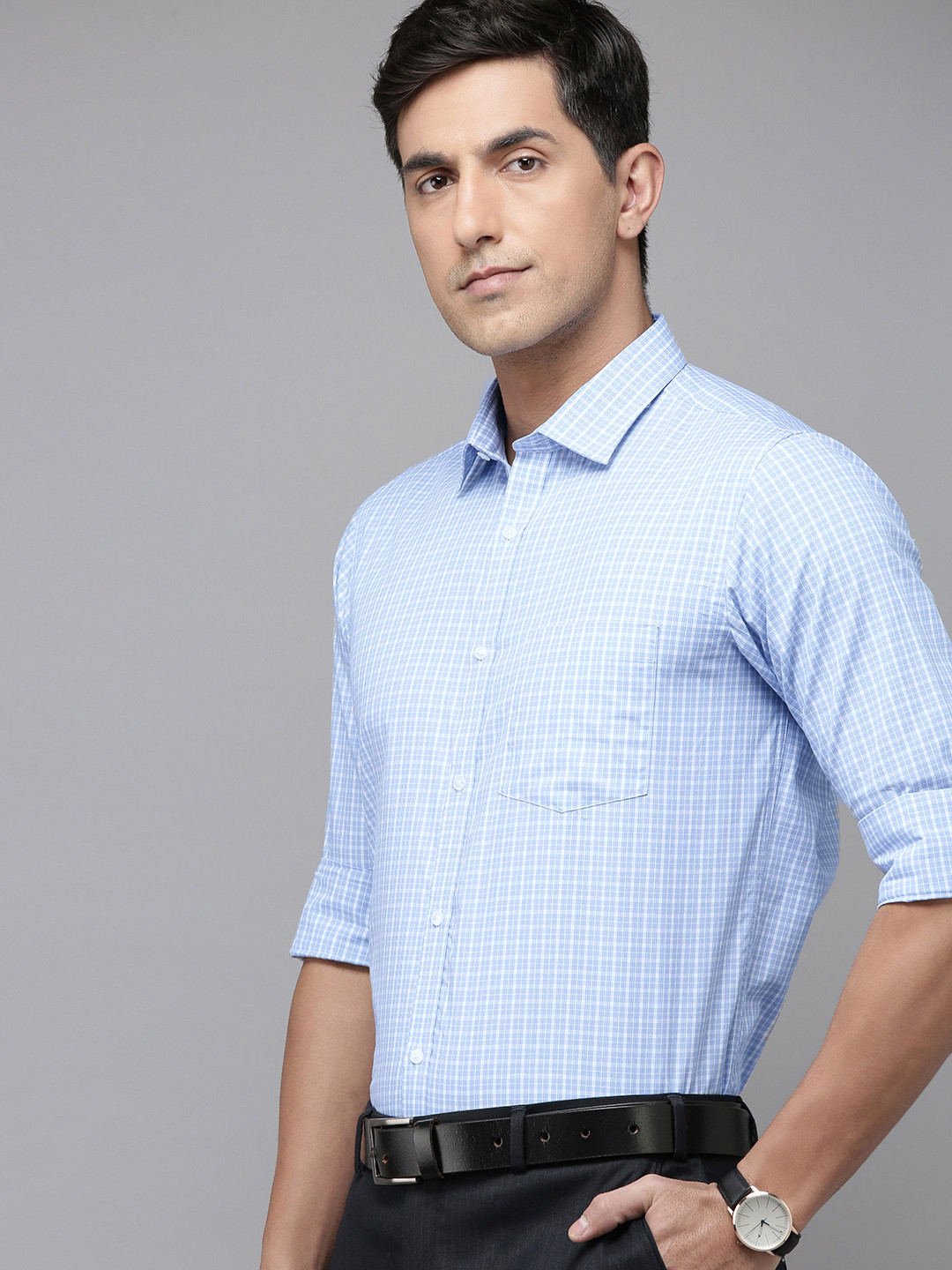 

Park Avenue Men Pure Cotton Slim Fit Checked Formal Shirt, Blue