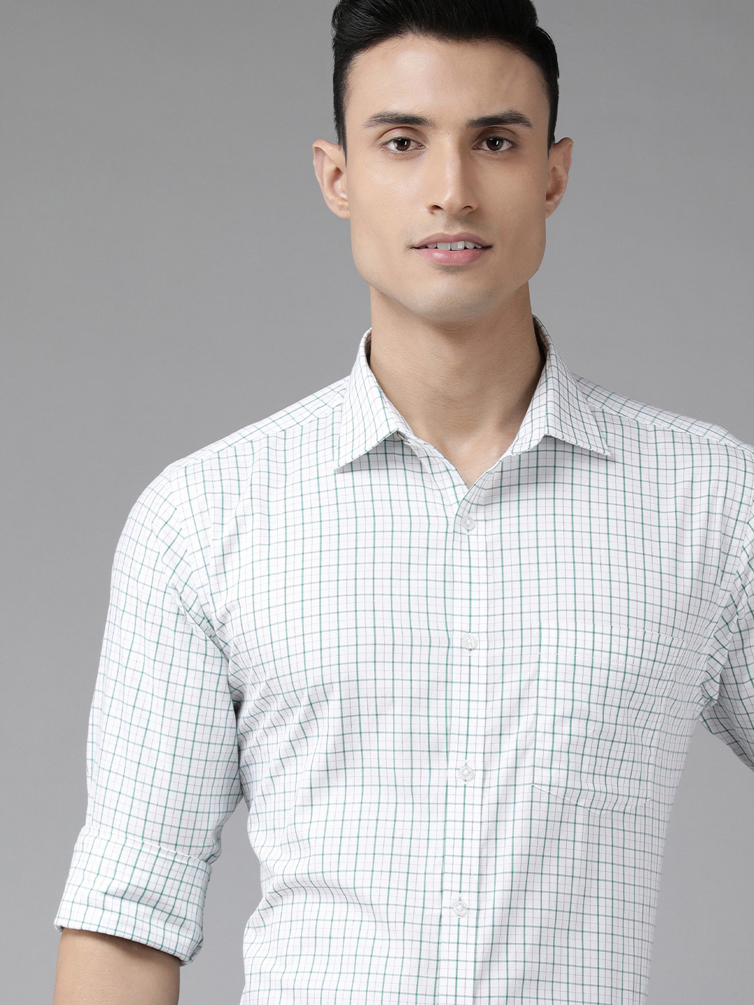 

Park Avenue Men White & Green Slim Fit Checked Pure Cotton Formal Shirt