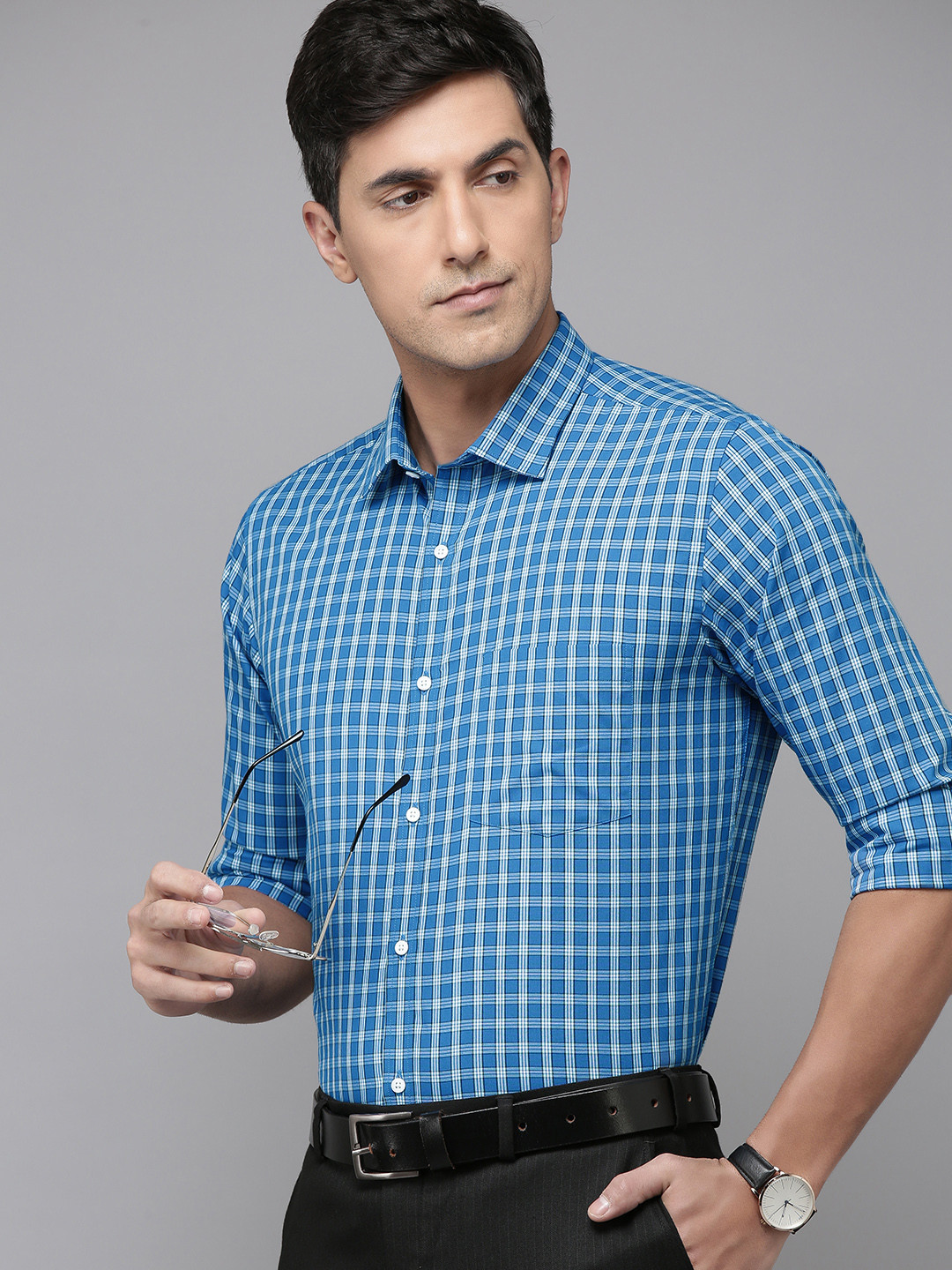 

Park Avenue Men Pure Cotton Slim Fit Tartan Checked Formal Shirt, Blue