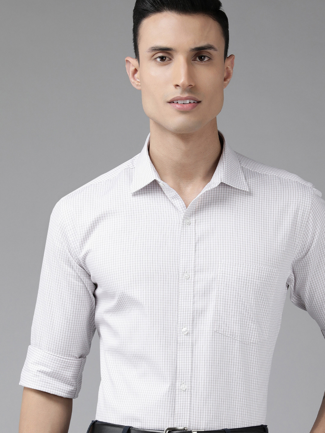 

Park Avenue Men White & Orange Slim Fit Grid Checked Pure Cotton Formal Shirt