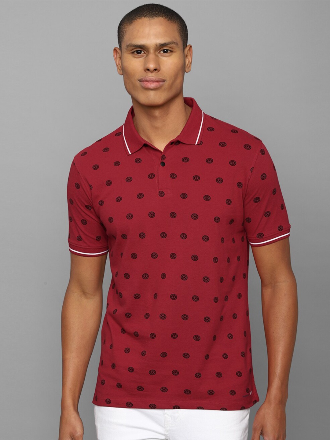 

Allen Solly Men Maroon & Black Printed Pure Cotton Polo Collar T-shirt