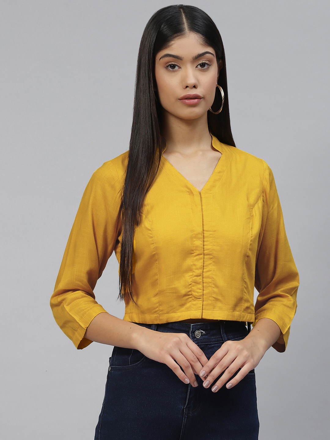 

Ayaany Mustard Yellow Solid Cotton Crop Top