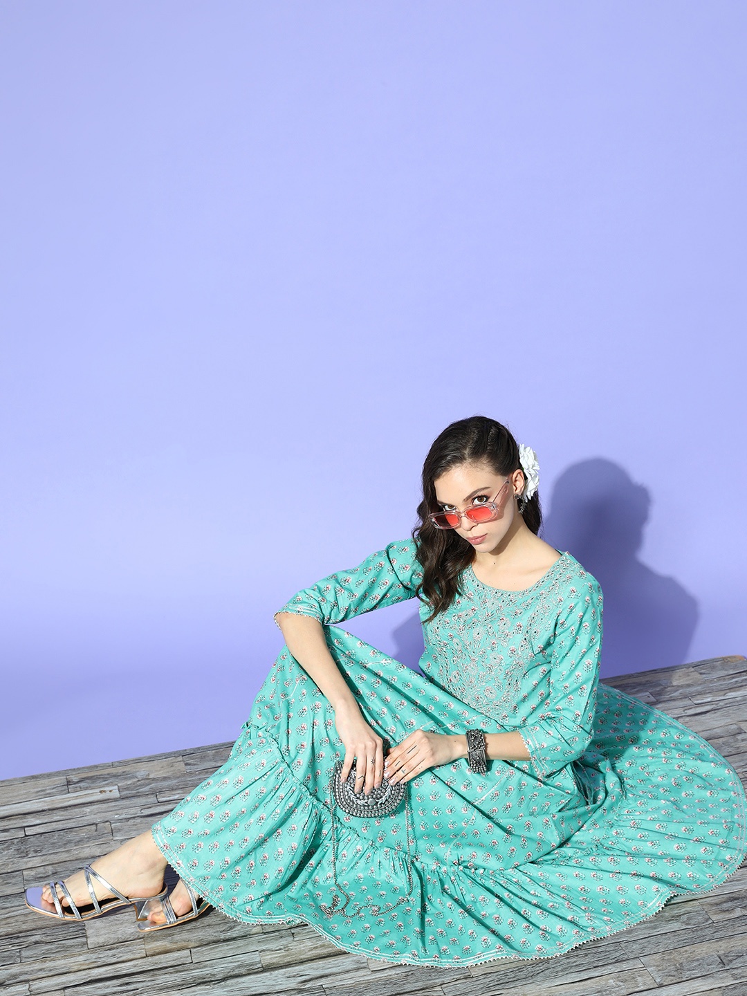

Prakrti Sea Green & Red Ethnic Motifs Pure Cotton Buti Printed Maxi Dress