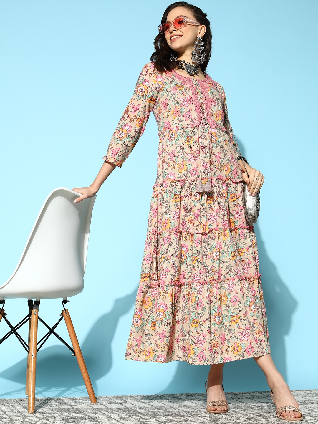 

Prakrti Beige & Pink Pure Cotton Ethnic Motifs Jaal Maxi Dress