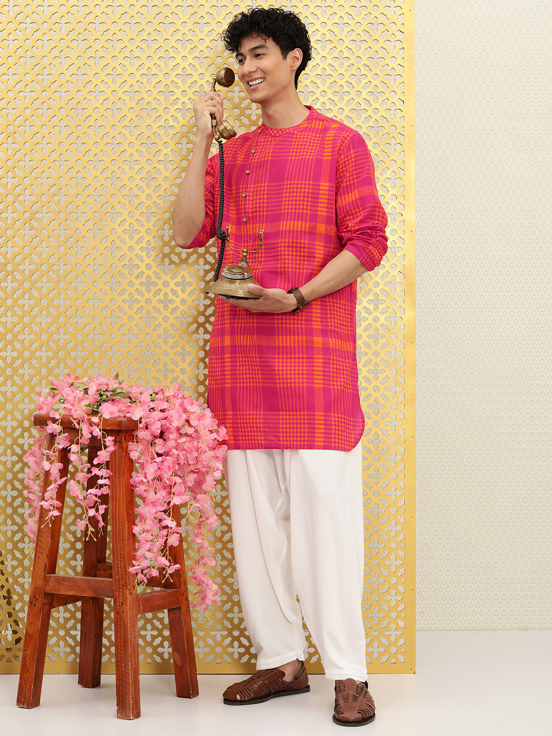 

Ode by House of Pataudi Men Rozana Pink Angrakha Pure Cotton Kurta with Harem Pants