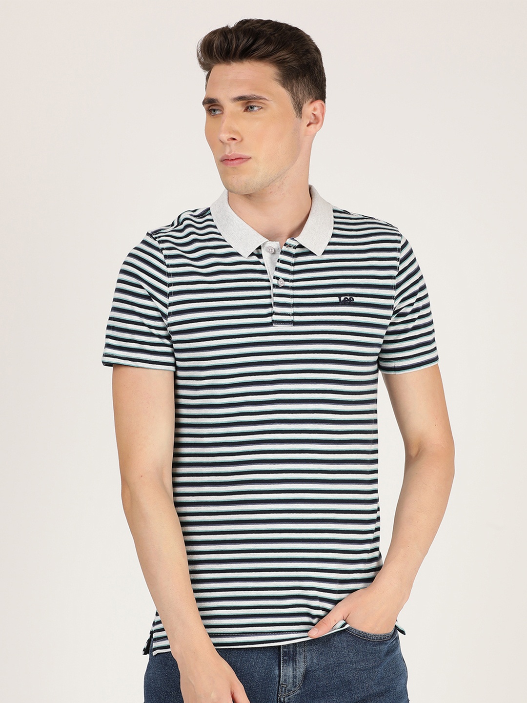 

Lee Men Grey & Navy Blue Striped Polo Collar Slim Fit Cotton T-shirt
