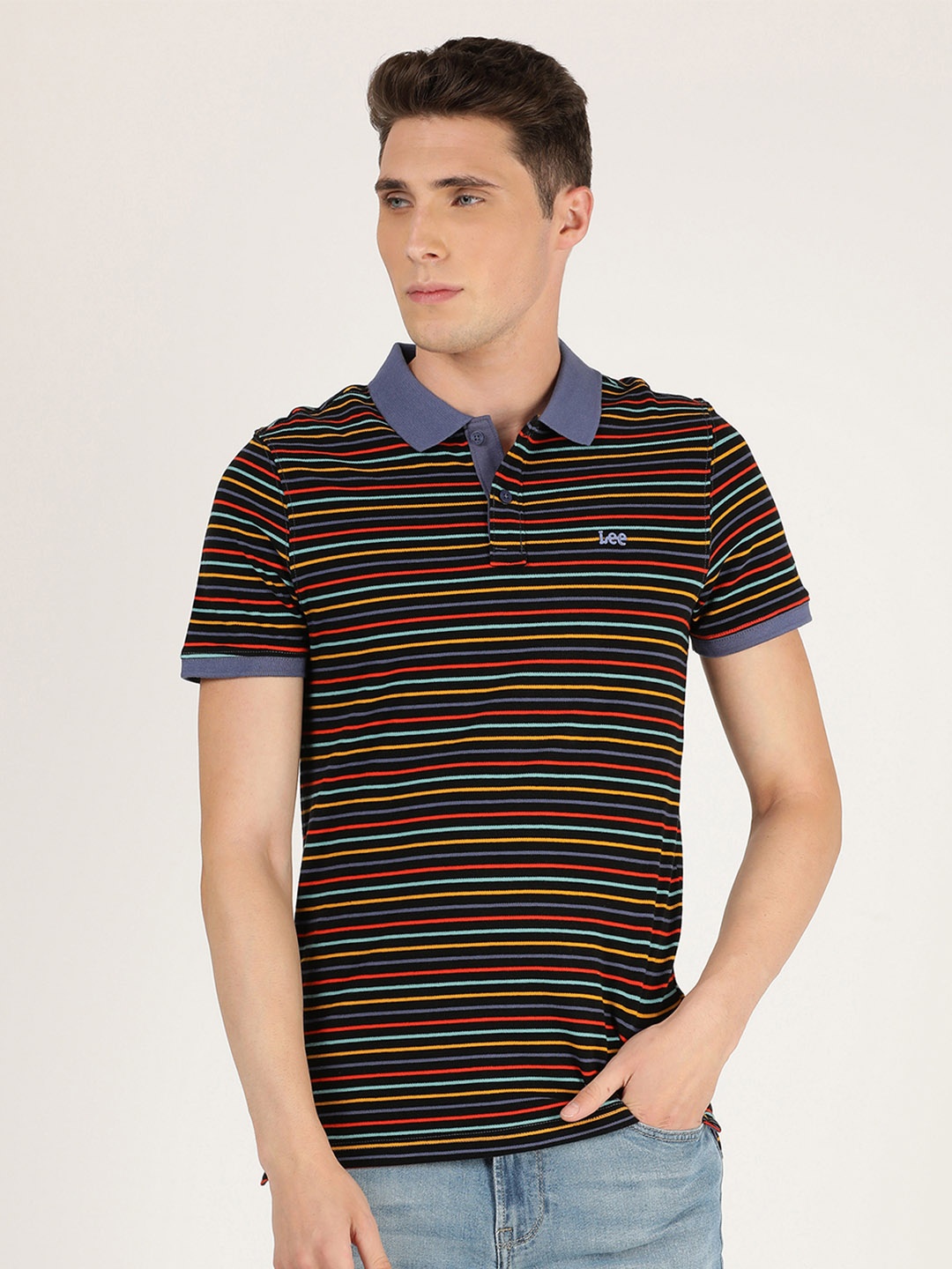 

Lee Men Black Striped Polo Collar Slim Fit Cotton T-shirt