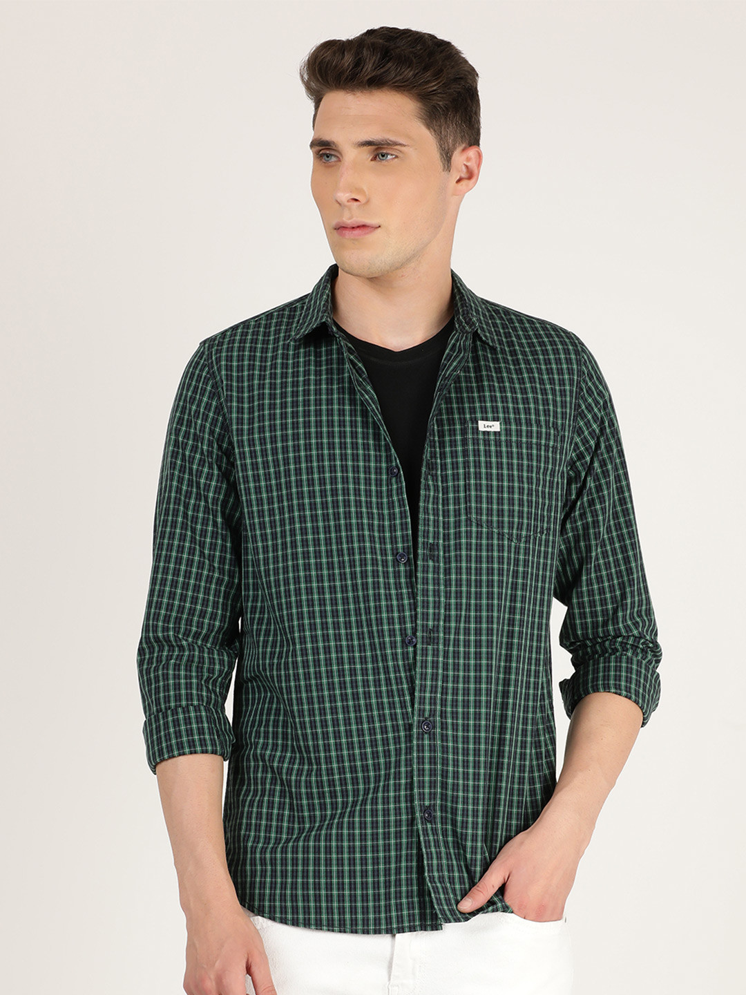 

Lee Men Blue Slim Fit Grid Tattersall Checks Checked Organic Cotton Casual Shirt