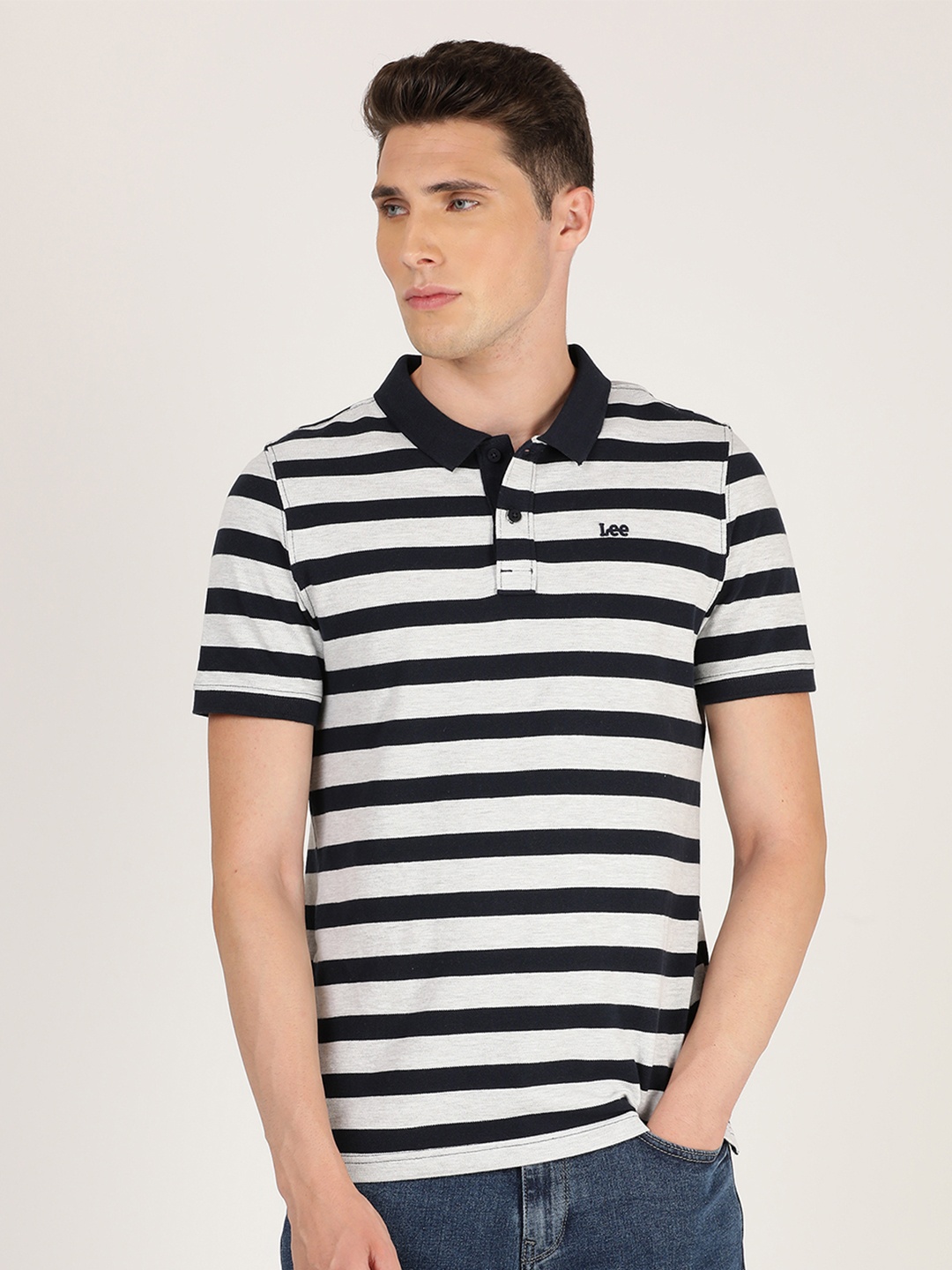 

Lee Men Grey Striped Polo Collar Slim Fit Cotton T-shirt