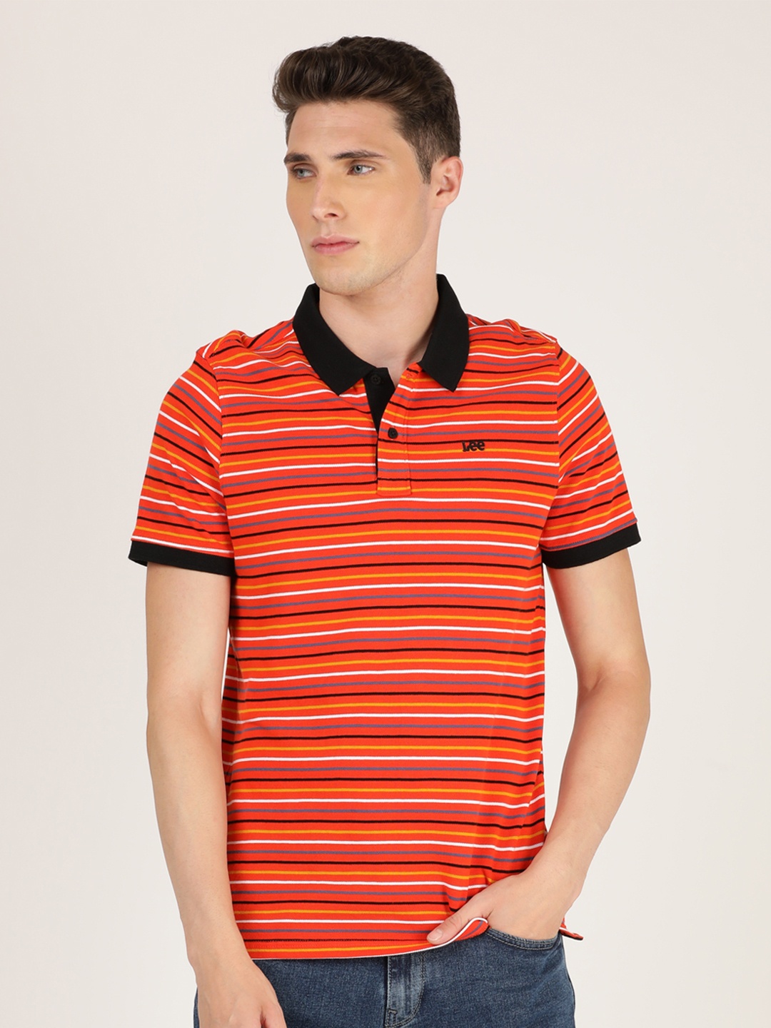 

Lee Men Orange & Black Striped Polo Collar Slim Fit Cotton T-shirt