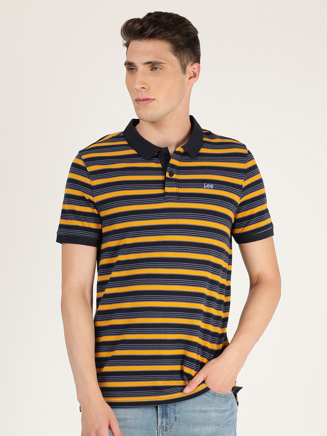 

Lee Men Mustard Yellow & Black Striped Polo Collar Slim Fit Cotton T-shirt