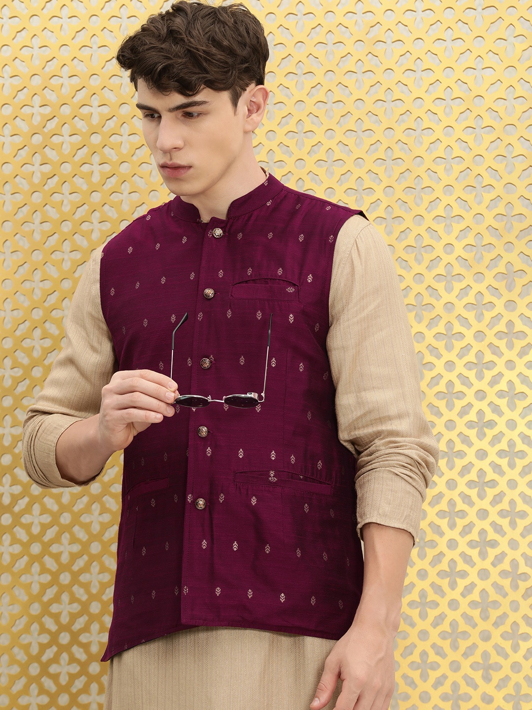 

Ode by House of Pataudi Woven Zari Work Nehru Jackets, Purple