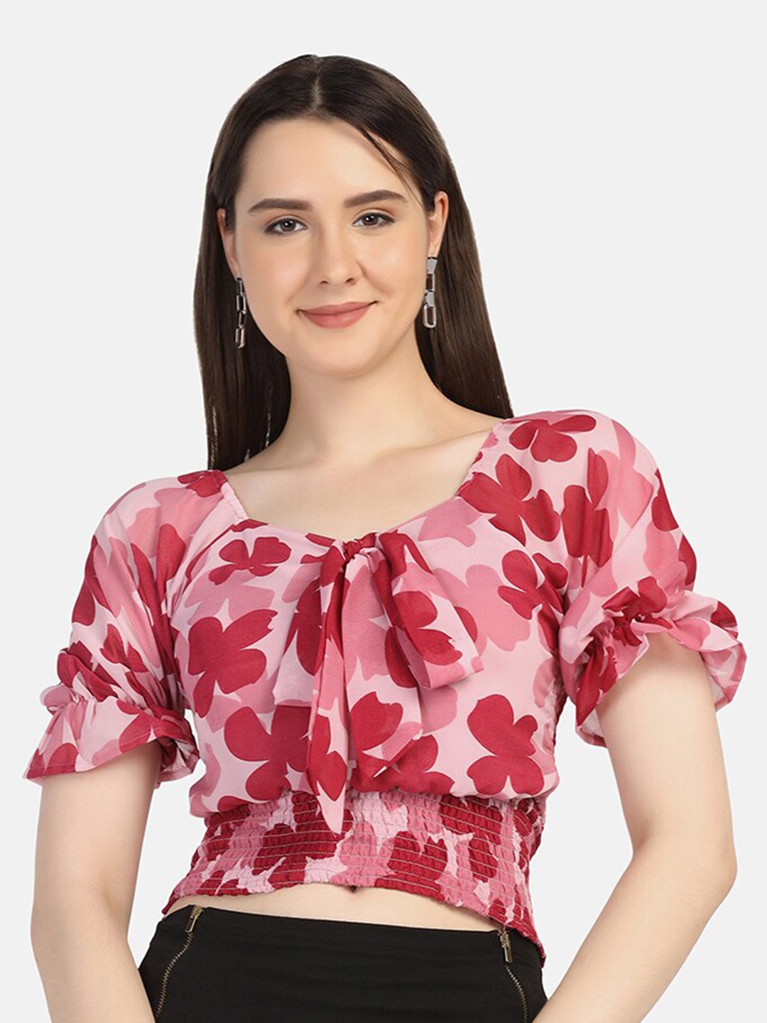 

BUY NEW TREND Women Maroon Floral Print Georgette Crop Top