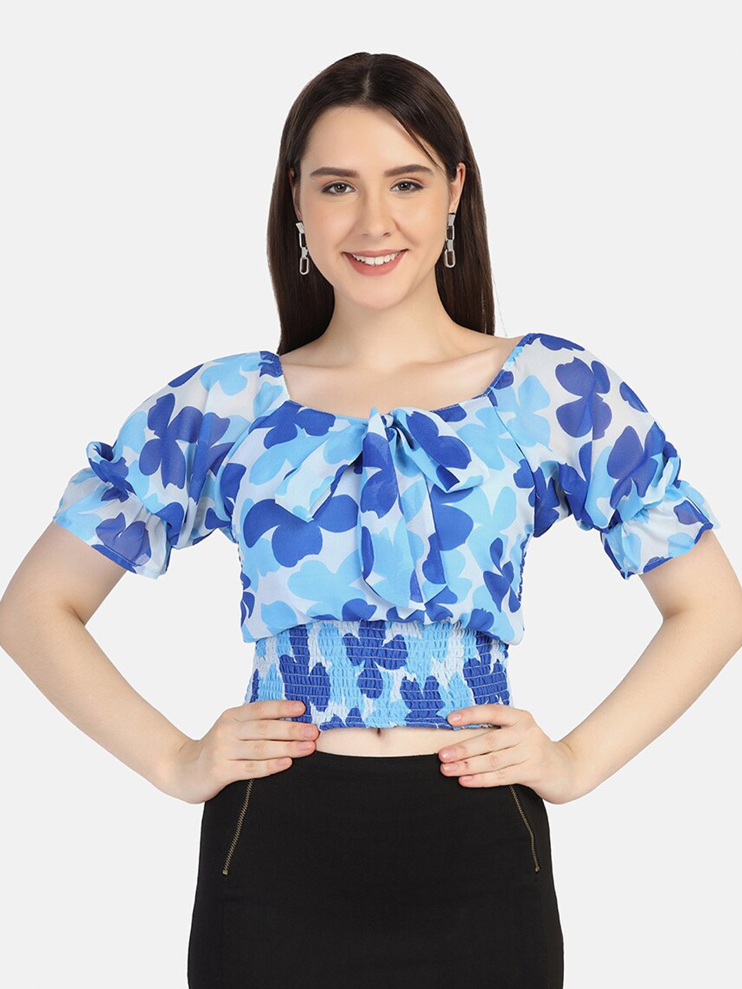 

BUY NEW TREND Blue & White Print Sweetheart Neck Georgette Crop Top