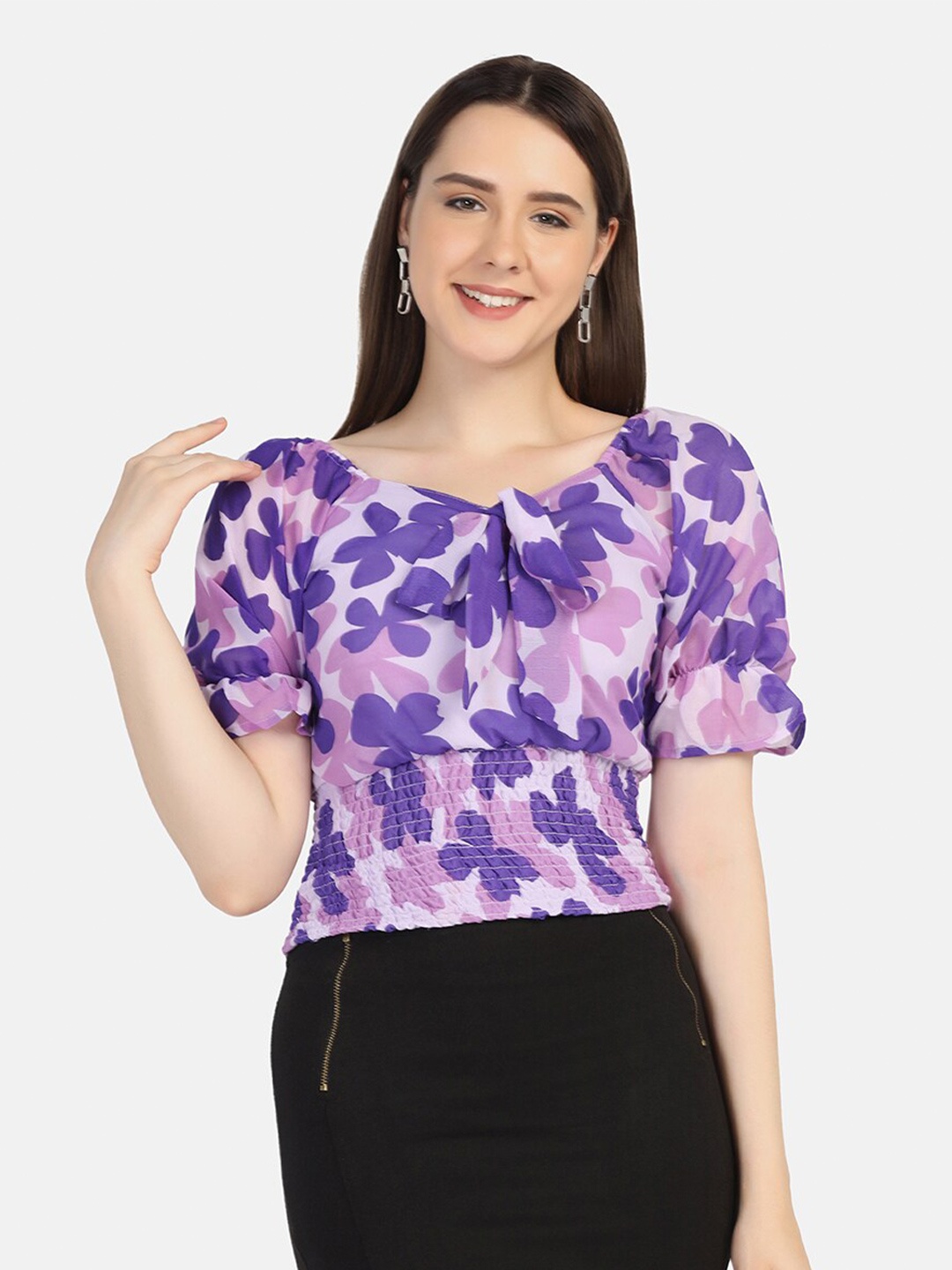 

BUY NEW TREND Purple & Lavender Floral Print Georgette Top