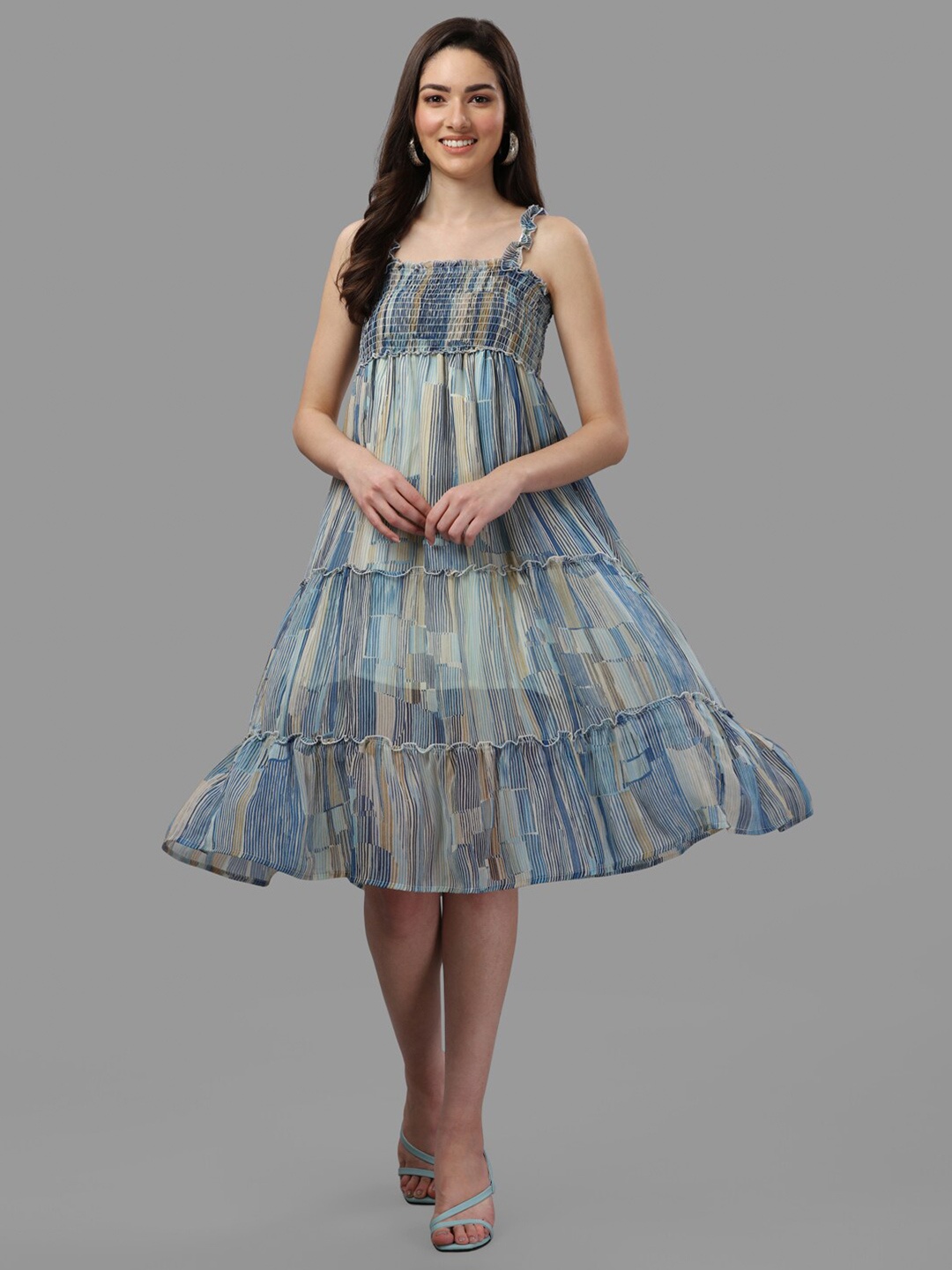 GUFRINA Women Blue & Beige Abstract Printed Georgette A-Line Dress