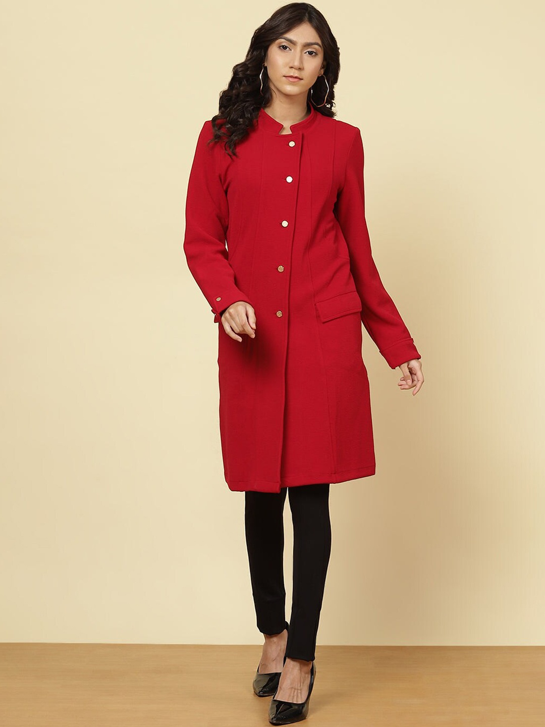 

Lakshita Women Red Solid Winter Overcoat