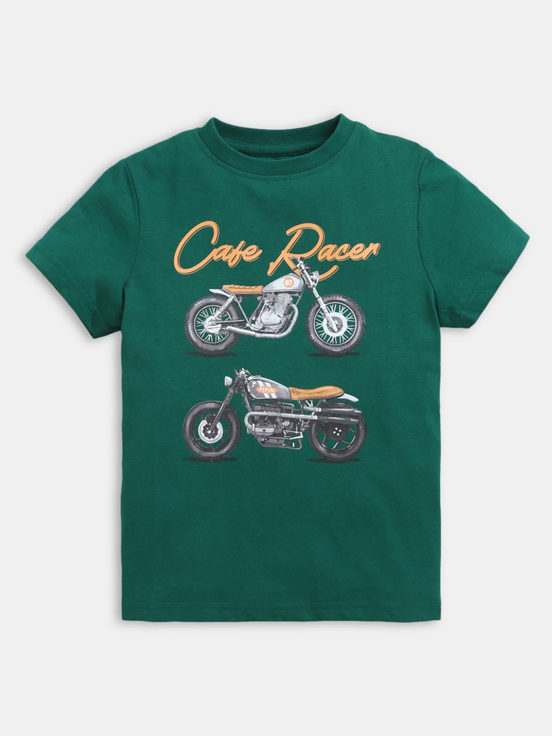 

Hopscotch Boys Green Biker Printed Cotton T-shirt