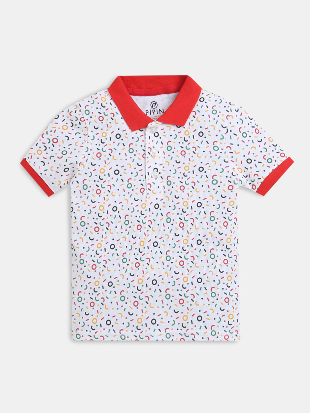 

Hopscotch Boys White & Red Printed Polo Collar Cotton T-shirt