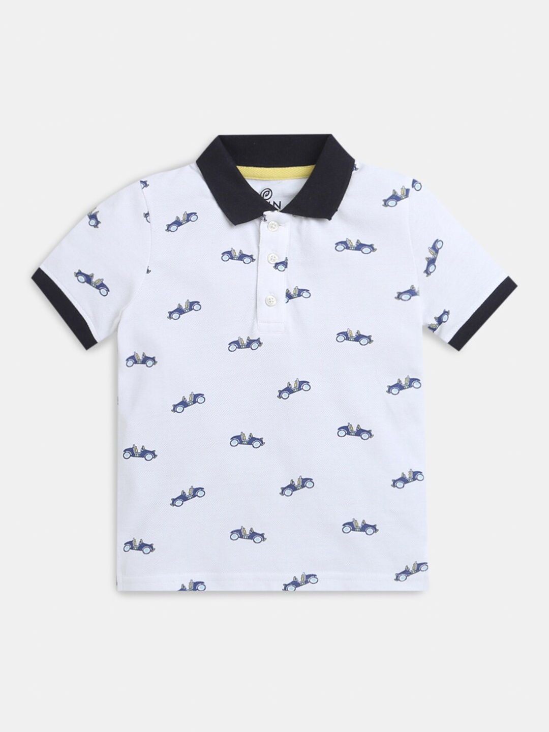 

Hopscotch Boys White & Navy Blue Printed Polo Collar Cotton T-shirt