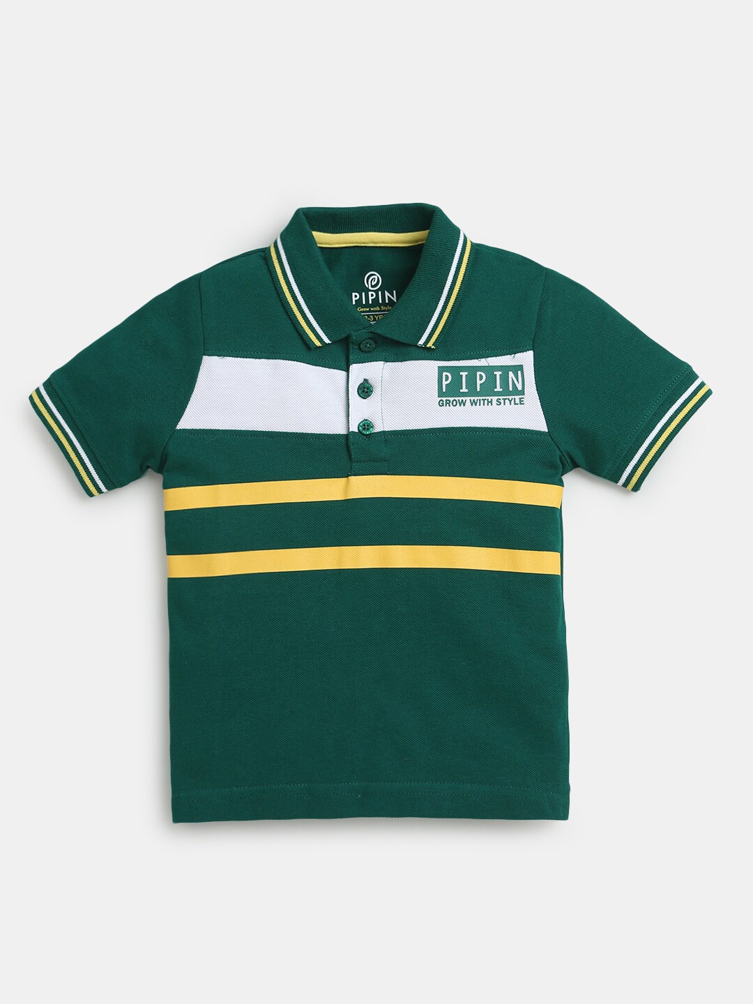 

Hopscotch Boys Green & White Striped Polo Collar Cotton T-shirt