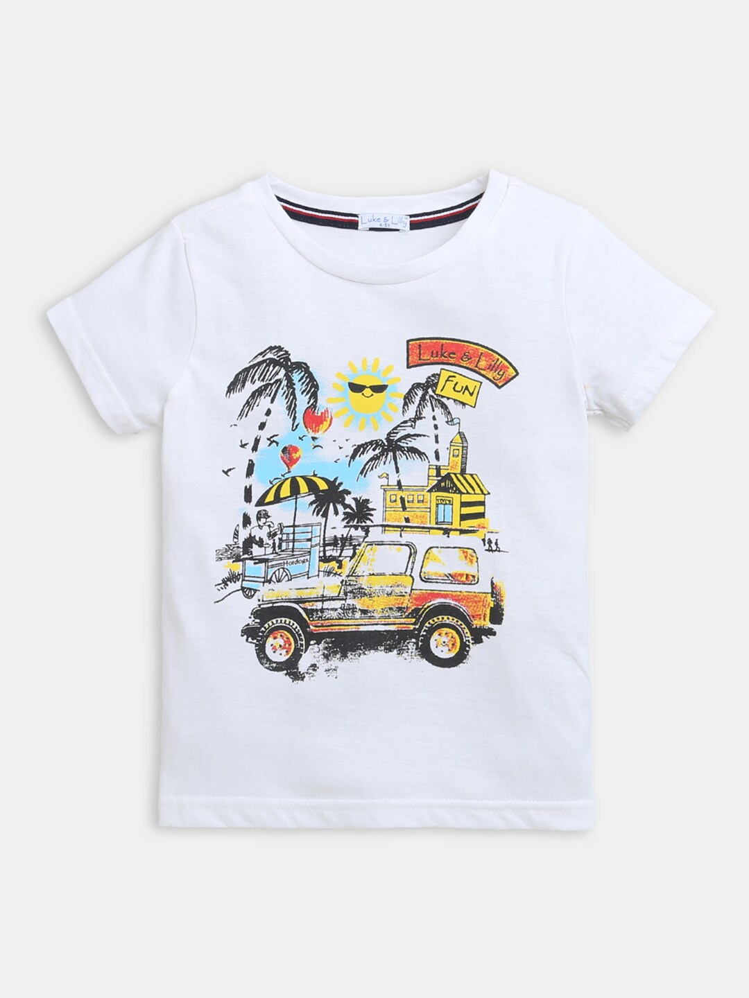 

Hopscotch Boys White & Yellow Printed Cotton T-shirt