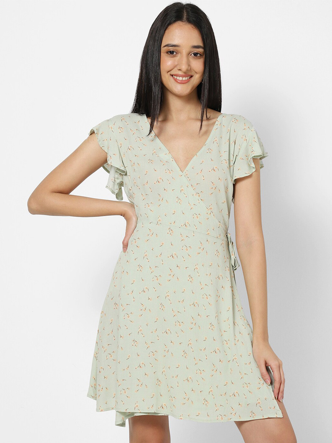 

VASTRADO Green Floral Print V Neck A-Line Mini Dress