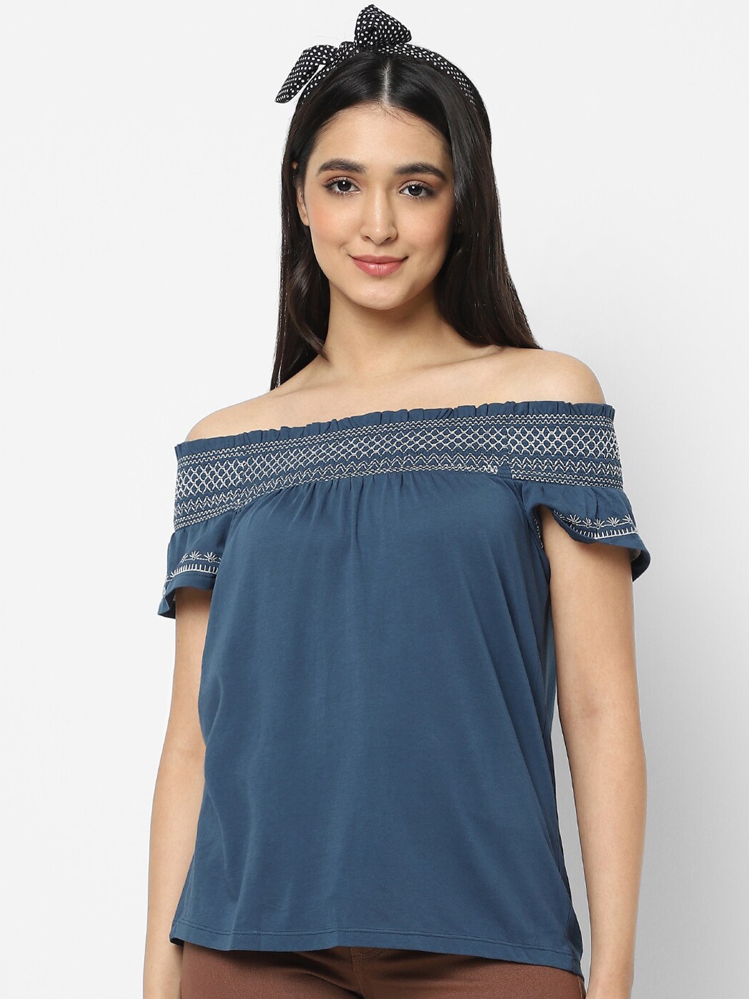 

VASTRADO Women Teal Off-Shoulder Bardot Cotton Top