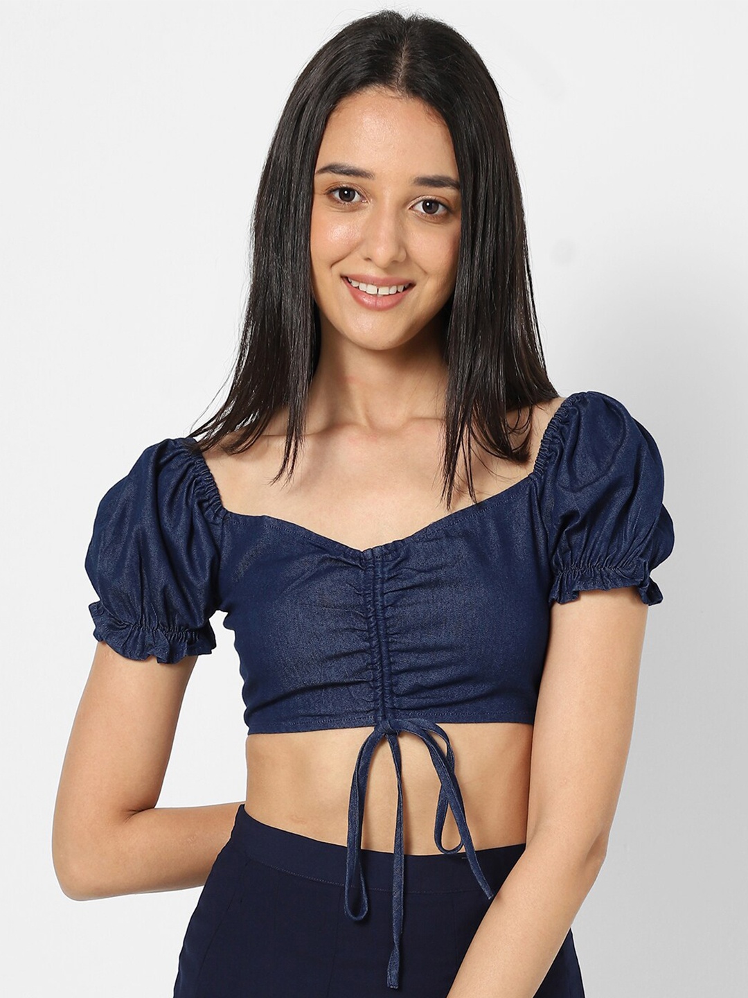 

VASTRADO Navy Blue Sweetheart Neck Denim Crop Top